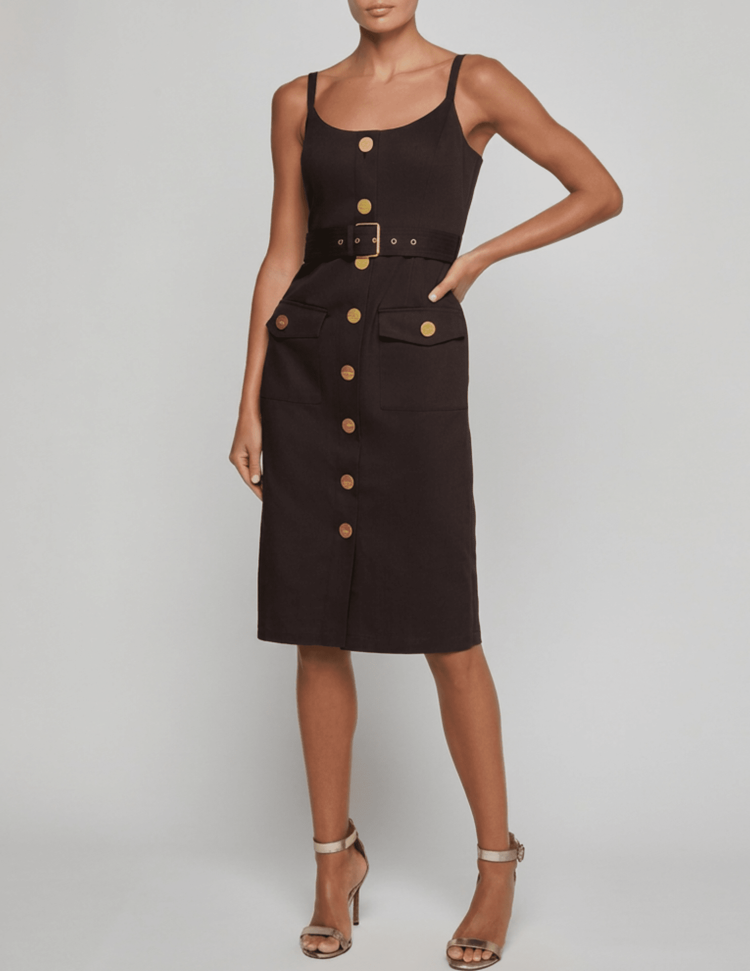 Model wearing L'AGENCE Ida chocolate brown button-front midi dress with gold buttons and belted waist