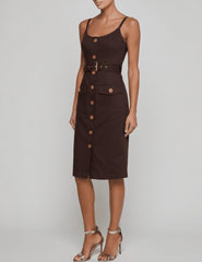 Angled view of L'AGENCE Ida dark brown sleeveless midi dress with front flap pockets