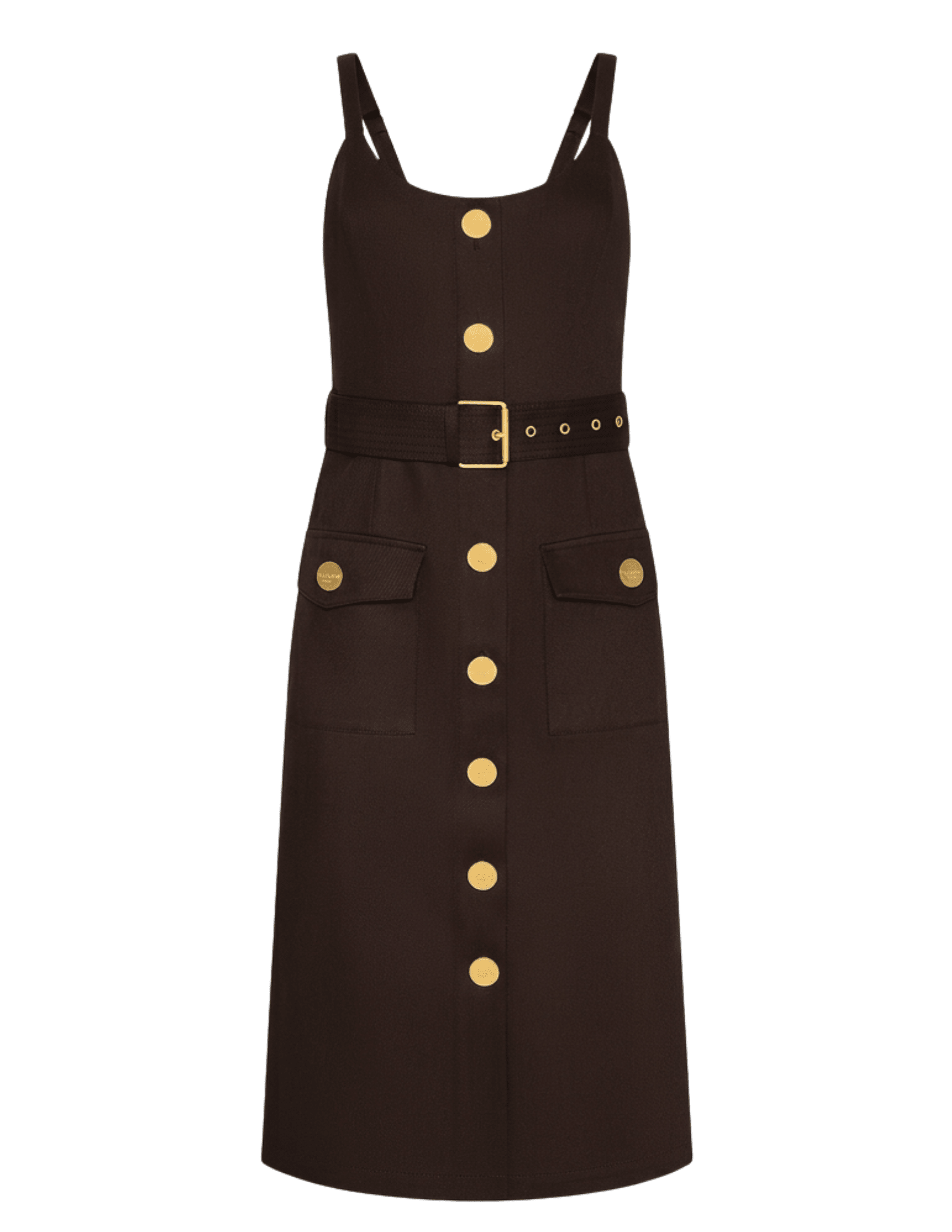 L'AGENCE Ida dark brown midi dress featuring gold logo buttons, scoop neckline and tonal belt
