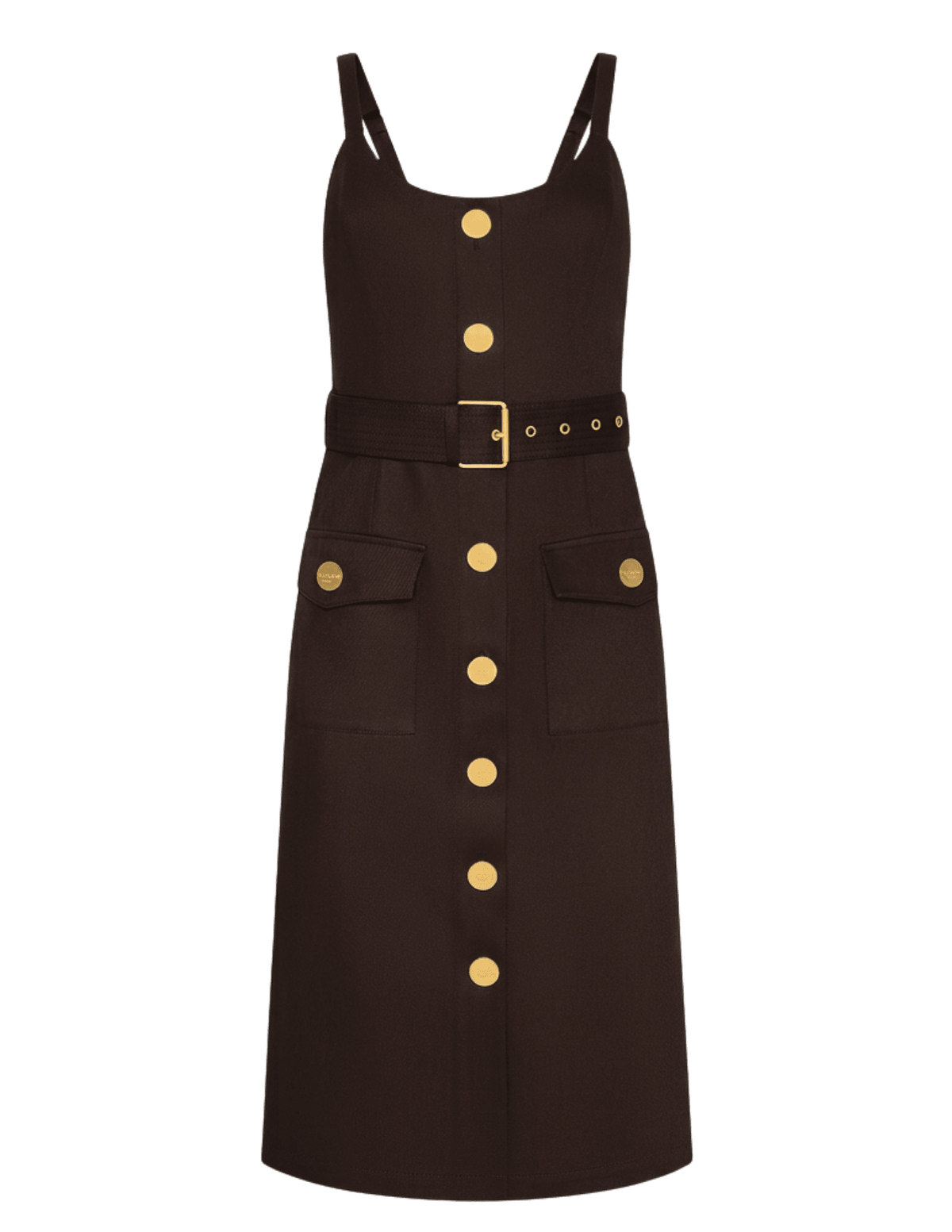 L'AGENCE Ida dark brown midi dress featuring gold logo buttons, scoop neckline and tonal belt