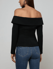 Back view of Black off-the-shoulder blazer with folded neckline and button front