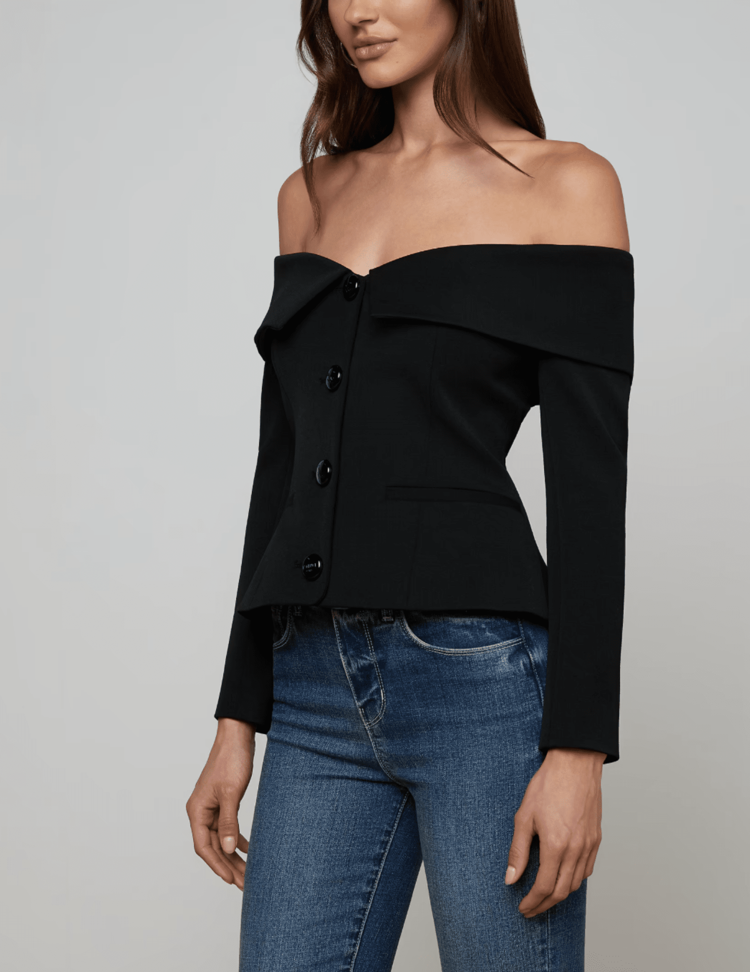 black off the shoulder blazer dress L'AGENCE Ingrid Off-Shoulder Cropped Blazer – Black