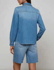 Back view of L'AGENCE Isla long sleeve denim shirt in Anaheim indigo wash