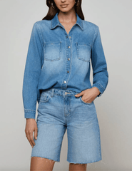 Front view of L'AGENCE Isla long sleeve denim shirt in Anaheim indigo wash