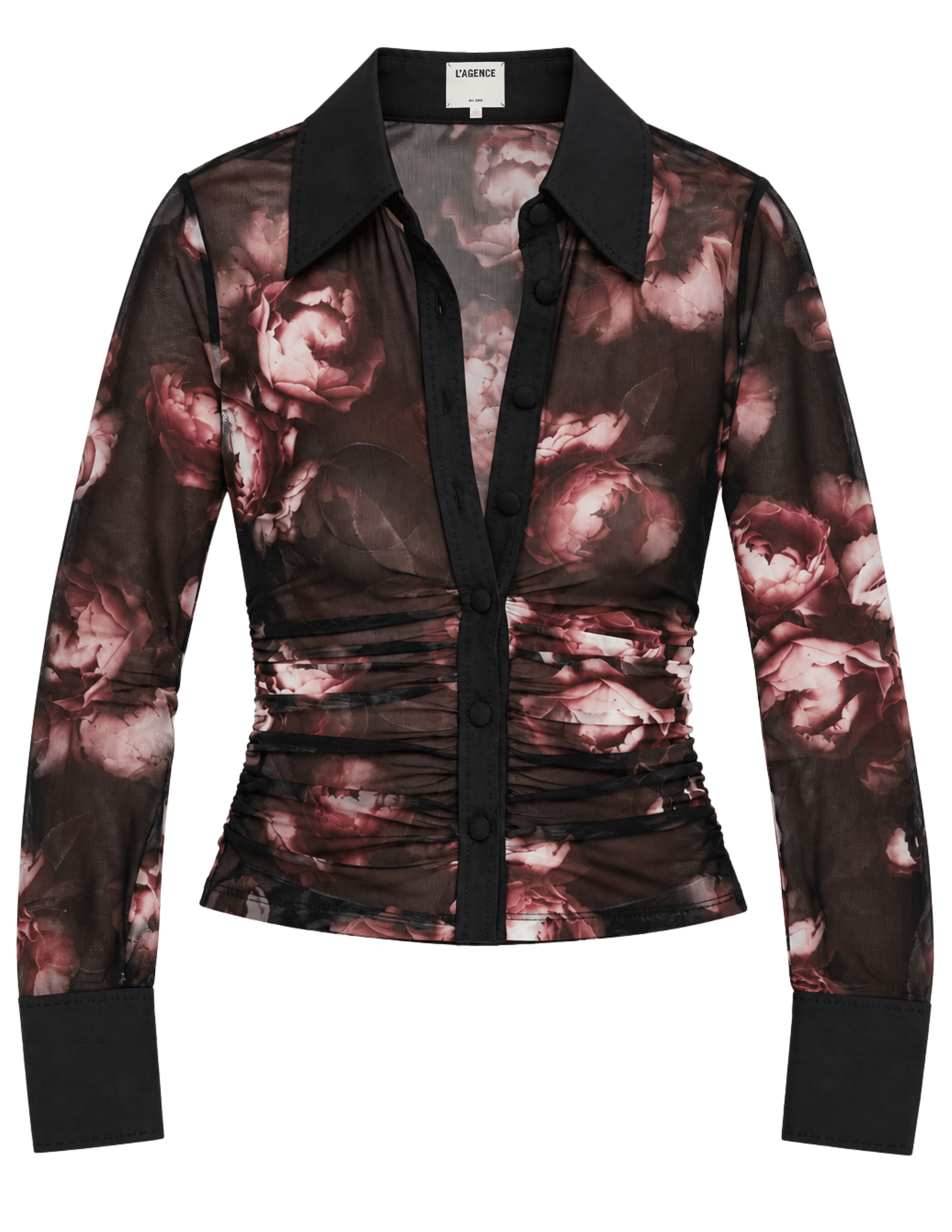 L'AGENCE Isola sheer mesh button-front top in Black Mauve Small Distressed Rose with long sleeves and floral print.