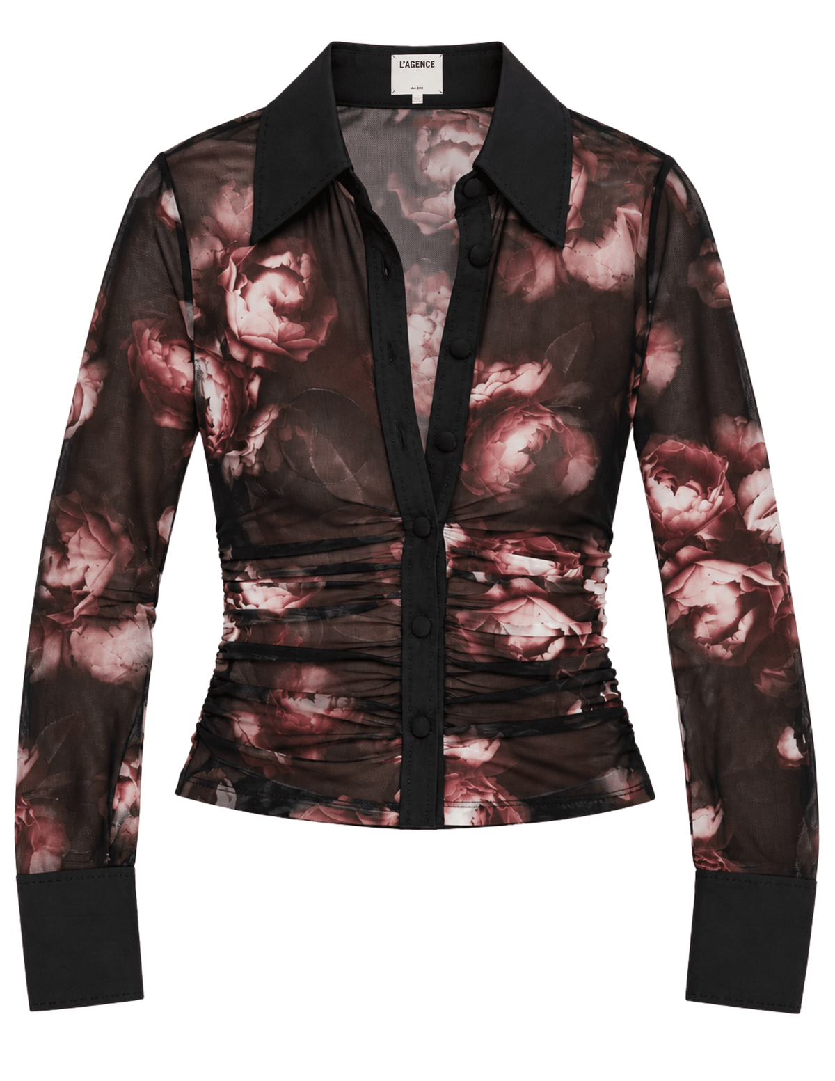 L'AGENCE Isola sheer mesh button-front top in Black Mauve Small Distressed Rose with long sleeves and floral print.