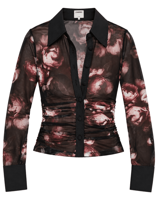 L'AGENCE Isola sheer mesh button-front top in Black Mauve Small Distressed Rose with long sleeves and floral print.