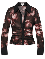 L'AGENCE Isola sheer mesh button-front top in Black Mauve Small Distressed Rose with long sleeves and floral print.