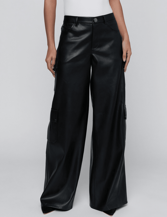 Front view of L’AGENCE Isolde Vegan Leather Cargo Pants in Black