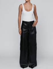 L’AGENCE Isolde Vegan Leather Cargo Pants in Black with whit tank