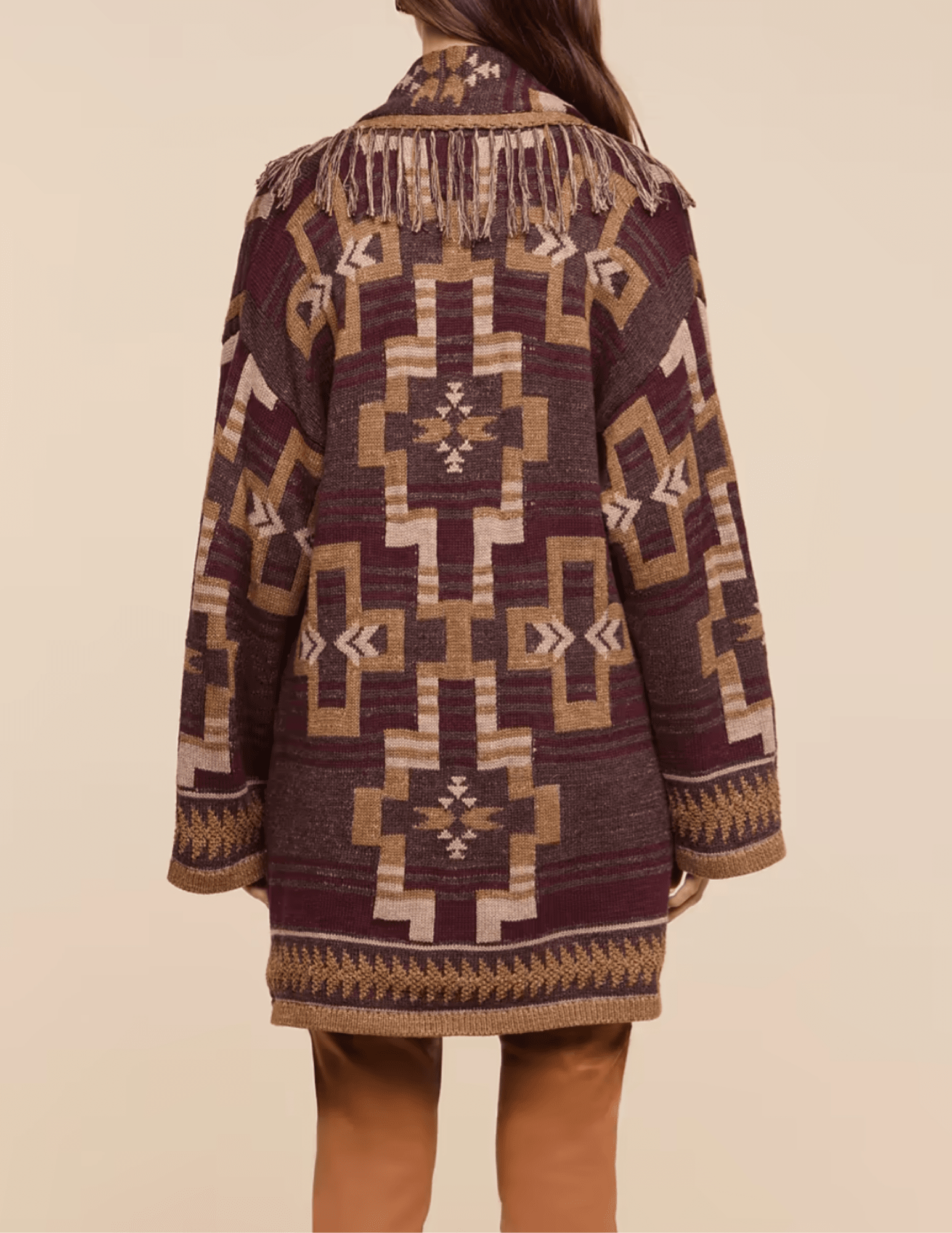 Back view of L’AGENCE Jair Jacquard Fringe Cardigan 