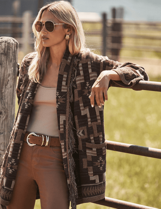 Eidtoril iamge of L’AGENCE Jair Jacquard Fringe Cardigan 