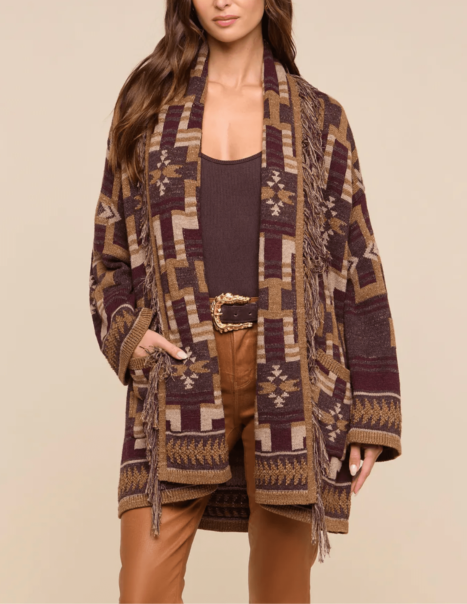 Front view of L’AGENCE Jair Jacquard Fringe Cardigan 