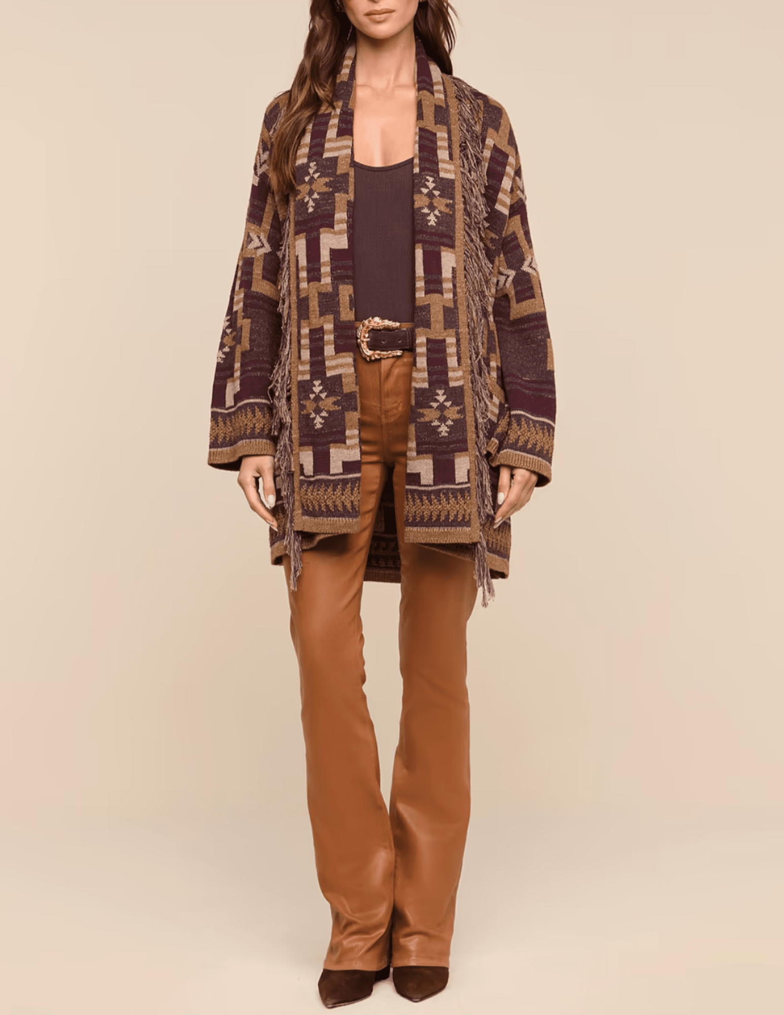 Full body view of L’AGENCE Jair Jacquard Fringe Cardigan 