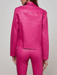 Back view of L’AGENCE Janelle Pink Coated Jacket in coated denim.