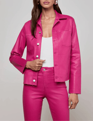 Front view of L’AGENCE Janelle Pink Coated Jacket in coated denim.
