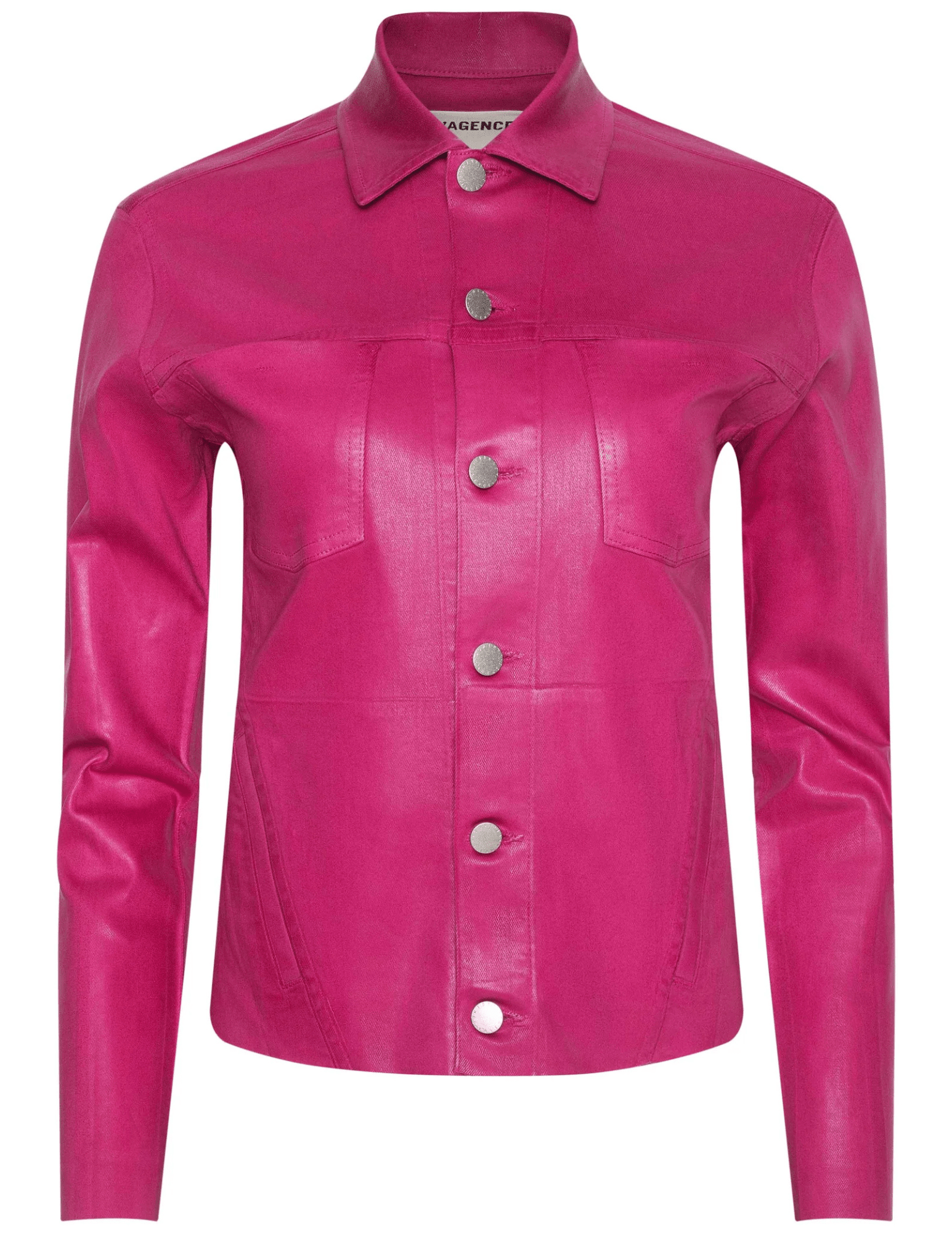 Front view of L’AGENCE Janelle Slim Raw Coated Jacket in Pink