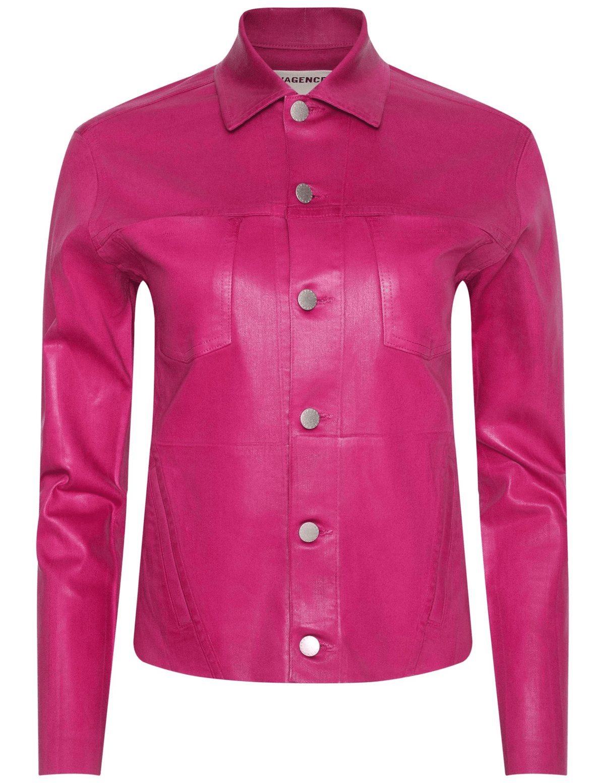Front view of L’AGENCE Janelle Slim Raw Coated Jacket in Pink