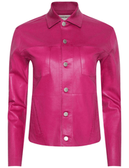 Front view of L’AGENCE Janelle Slim Raw Coated Jacket in Pink