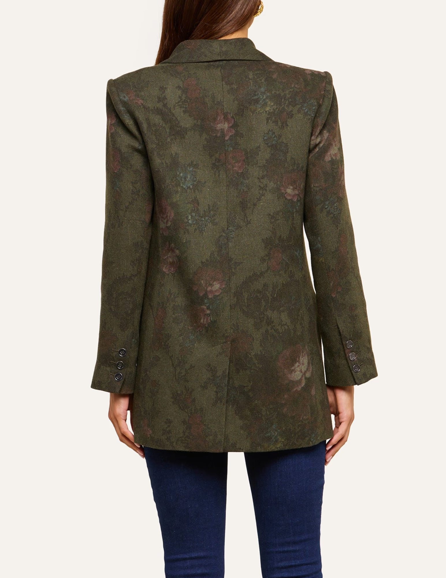 Back view of L'AGENCE Jayda Double Breasted Blazer in Deep Forest Multi Floral.