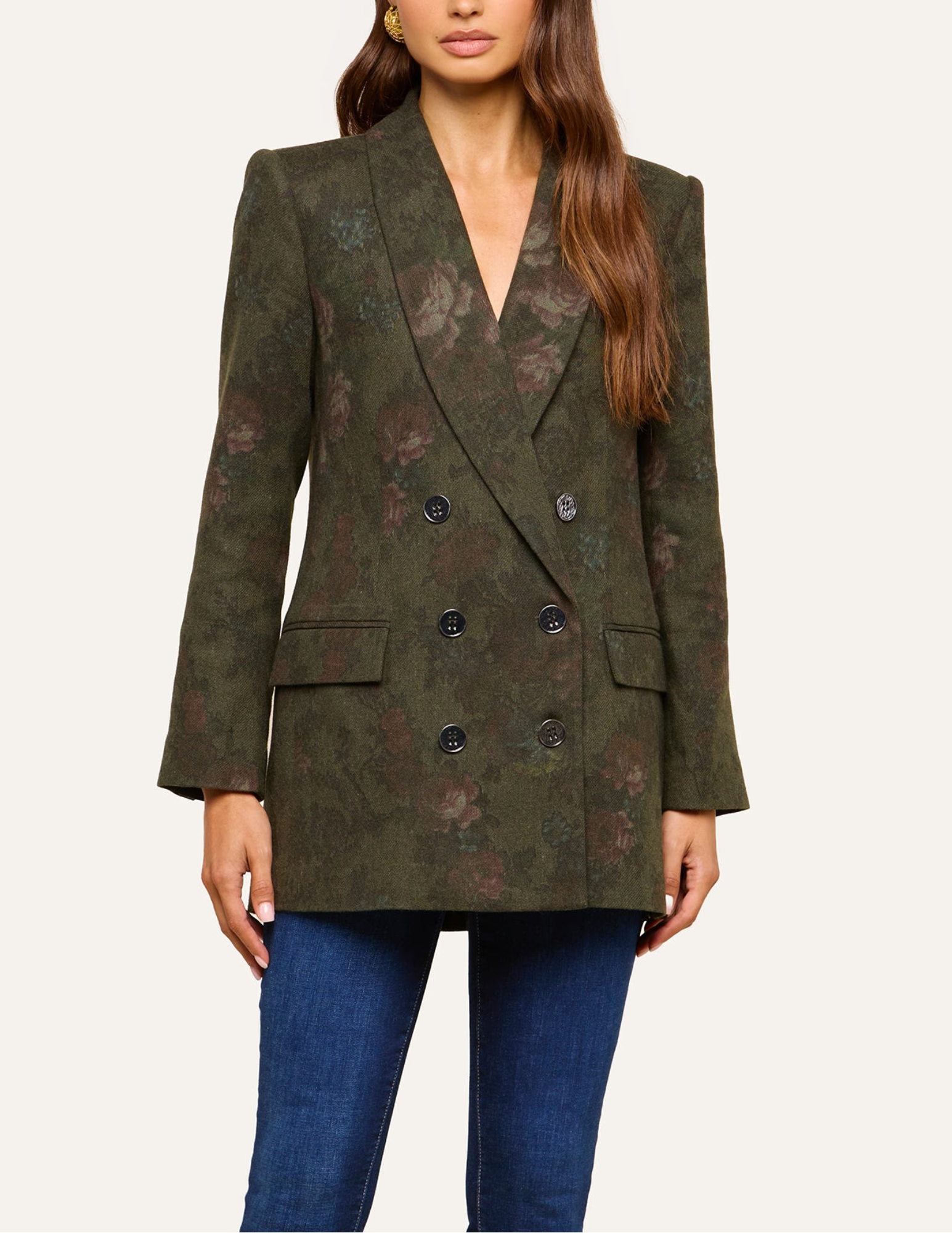 Model wearing L'AGENCE Jayda Double Breasted Blazer in Deep Forest Multi Floral, front view.