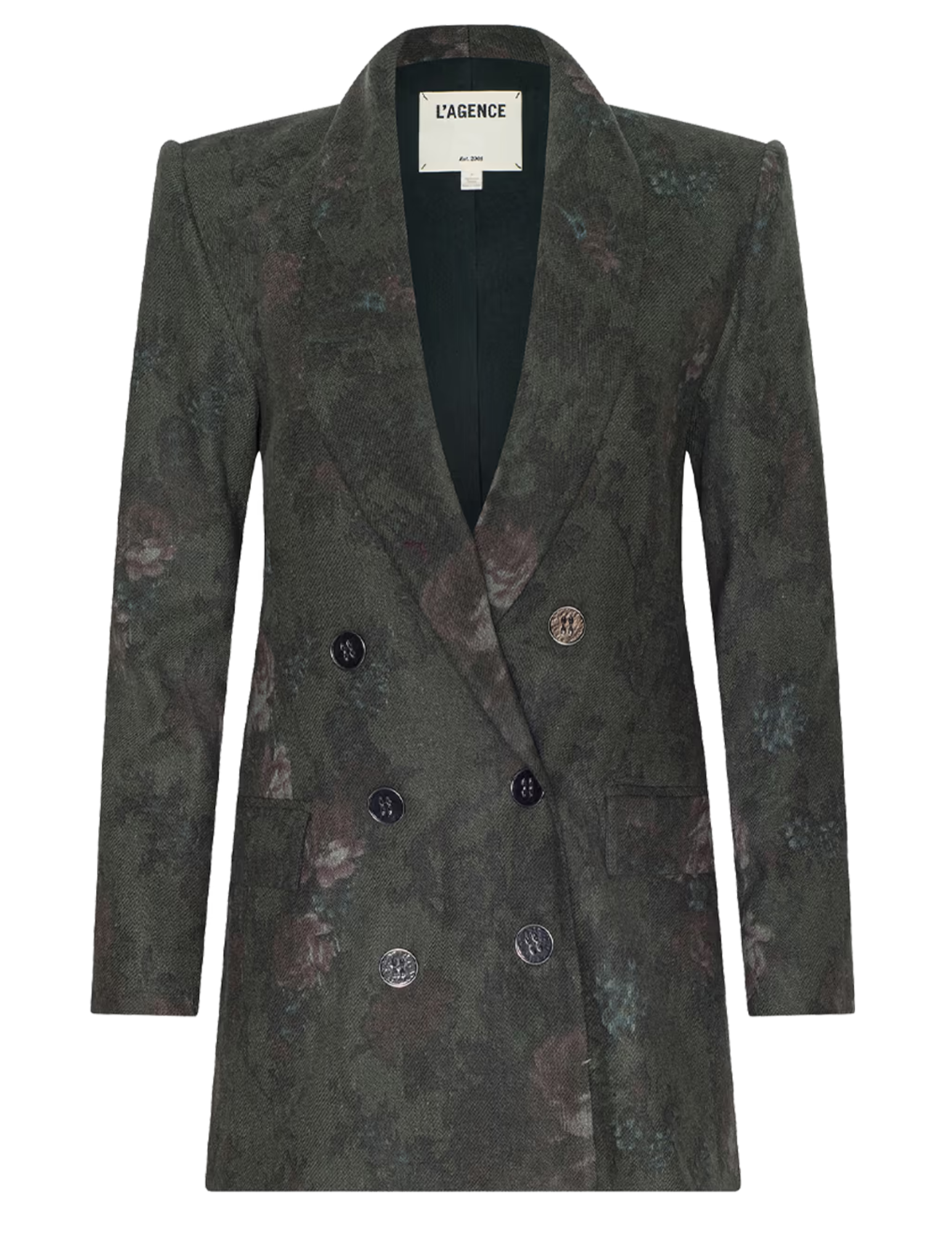 L'AGENCE Jayda Double Breasted Blazer in Deep Forest Multi Floral with structured shoulders and tonal buttons.