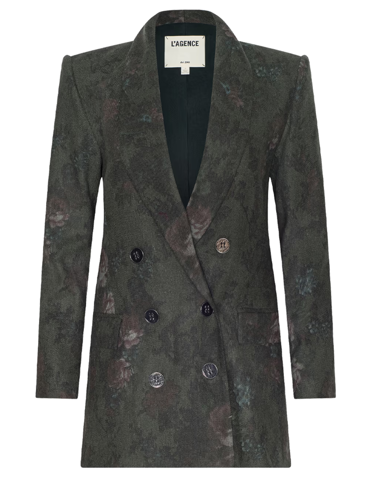 L'AGENCE Jayda Double Breasted Blazer in Deep Forest Multi Floral with structured shoulders and tonal buttons.