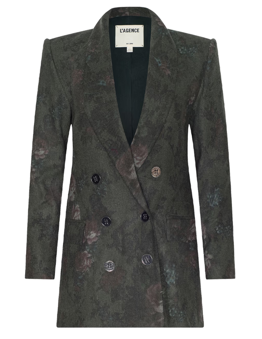L'AGENCE Jayda Double Breasted Blazer in Deep Forest Multi Floral with structured shoulders and tonal buttons.