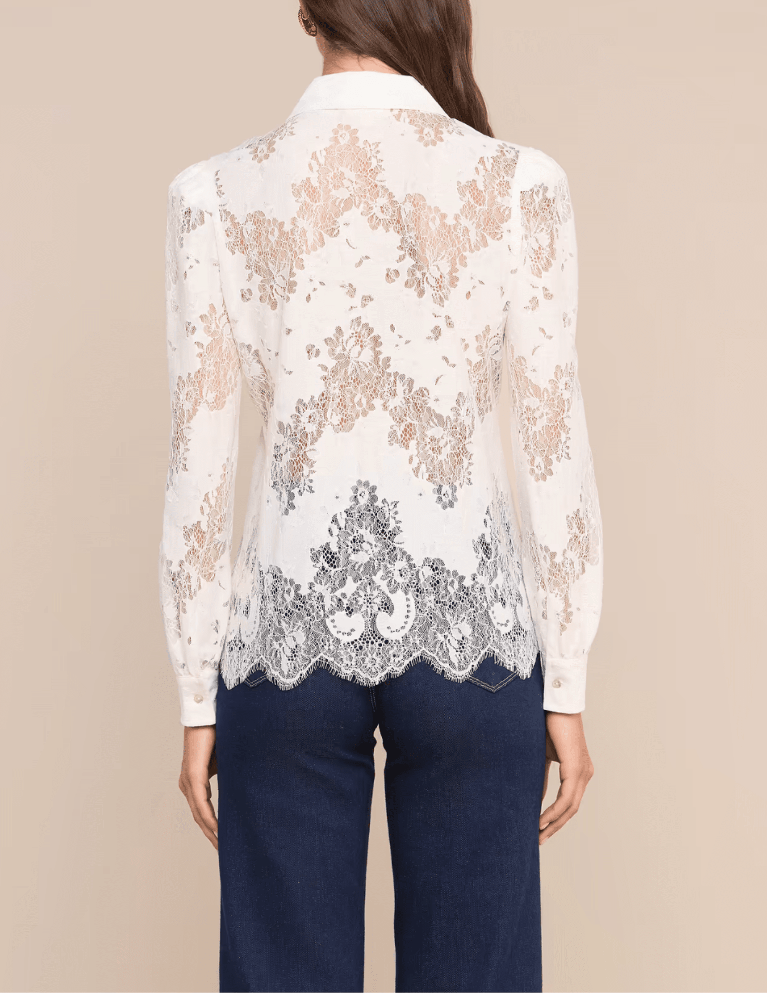 Back view of L’AGENCE Jenica Chevron Lace Blouse in Ivory