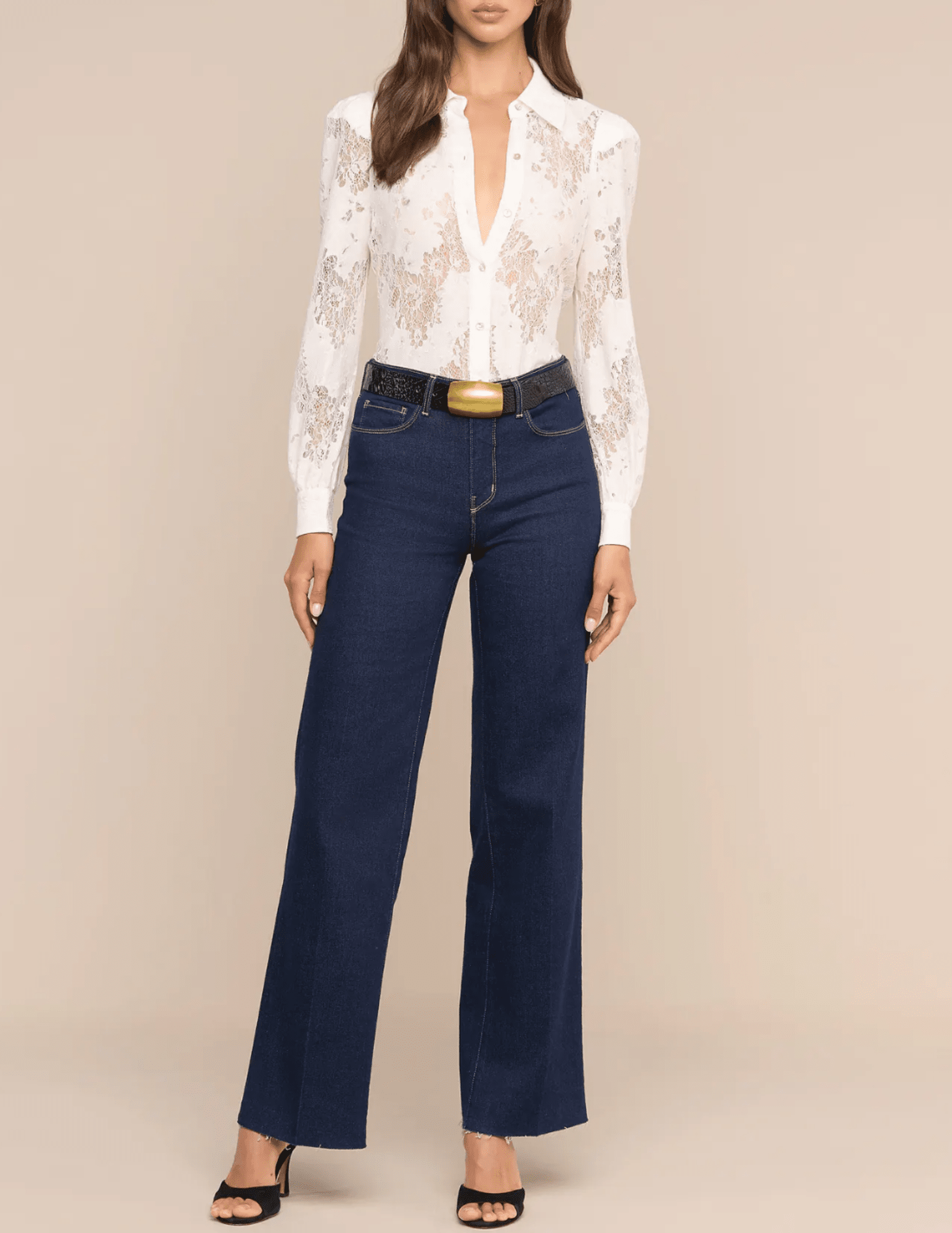 L’AGENCE Jenica Chevron Lace Blouse in Ivory with jeans