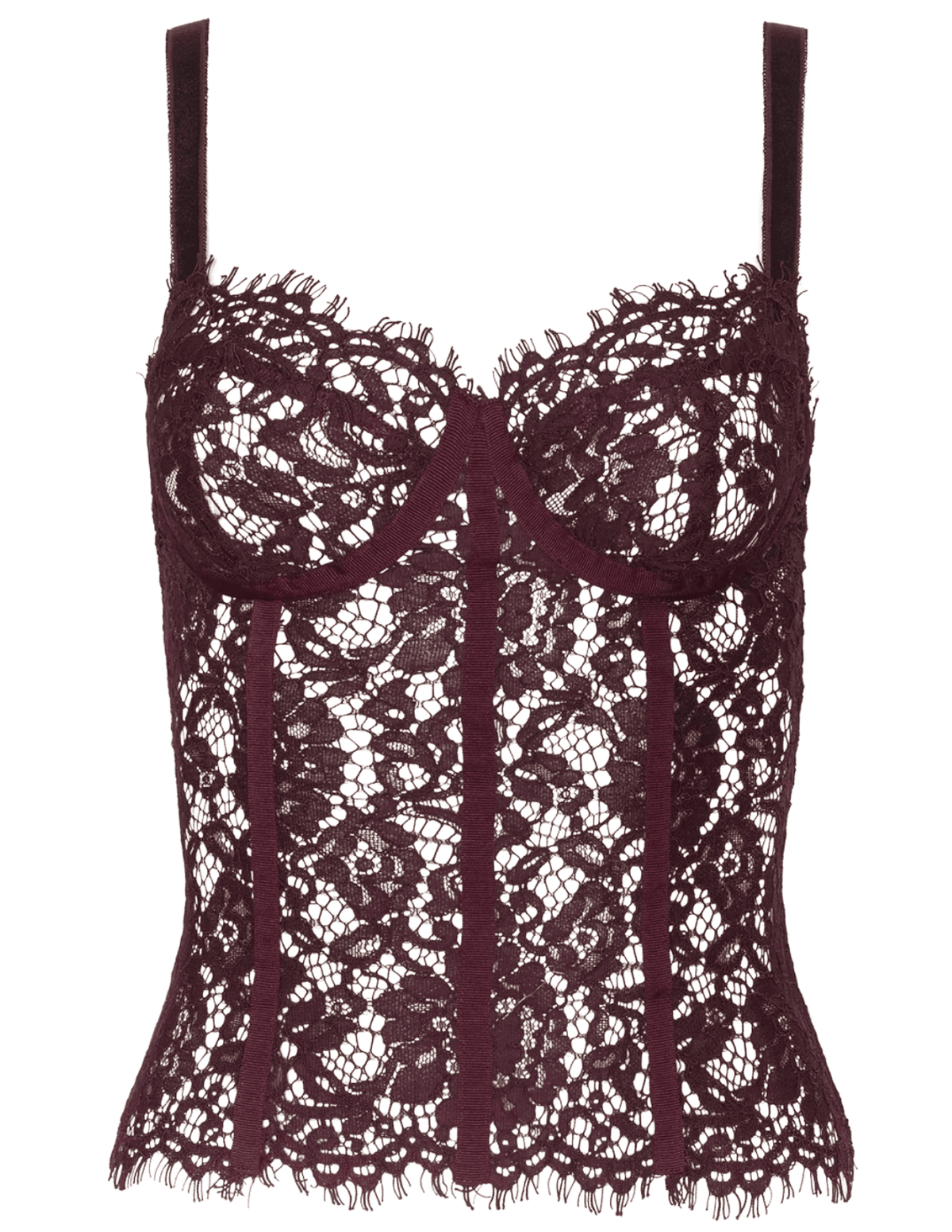 view of L’AGENCE Jenny Lace Bustier in Deep Sangria