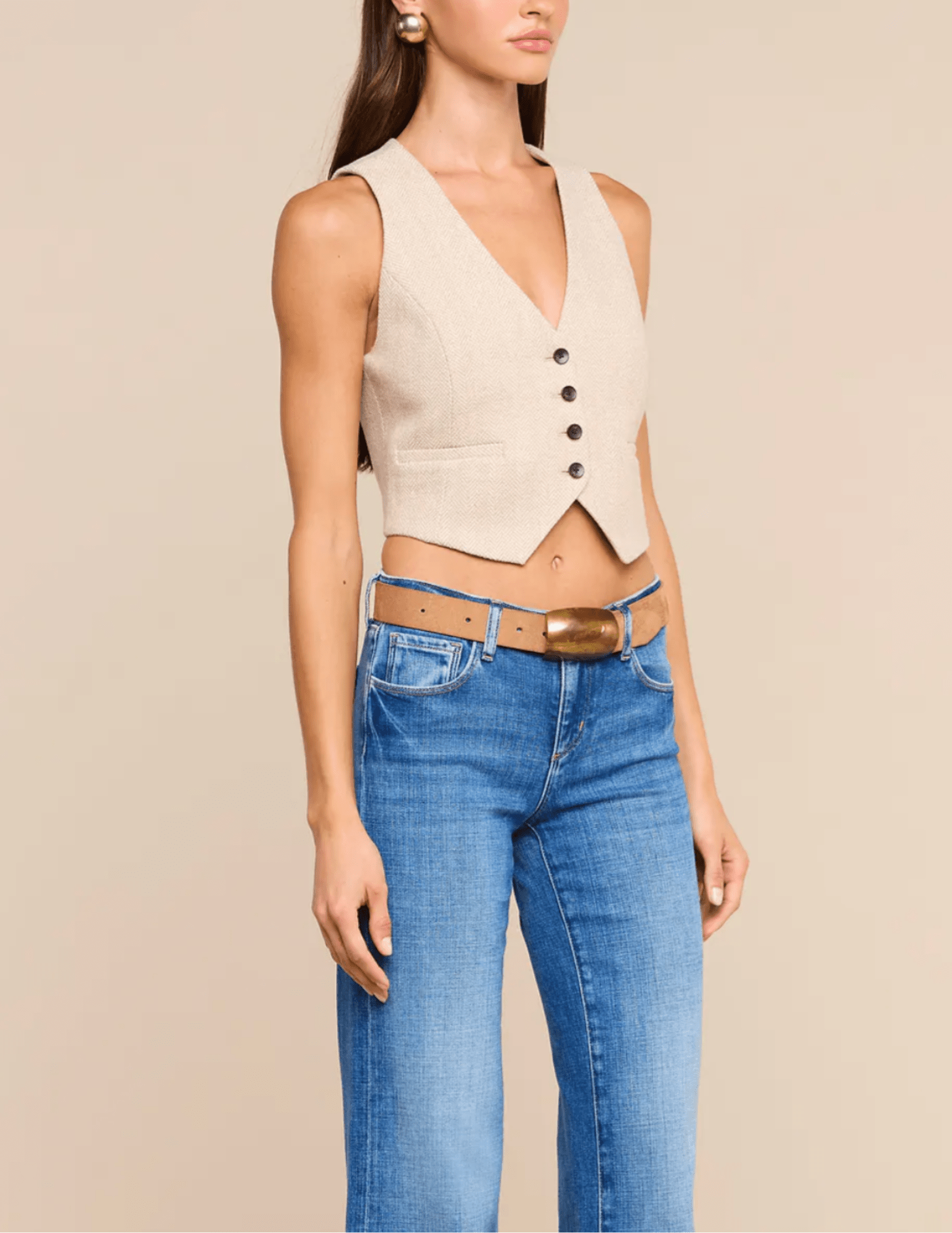 Side view of L'AGENCE Jianna Herringbone Cropped Vest Cappuccino Ivory Tweed
