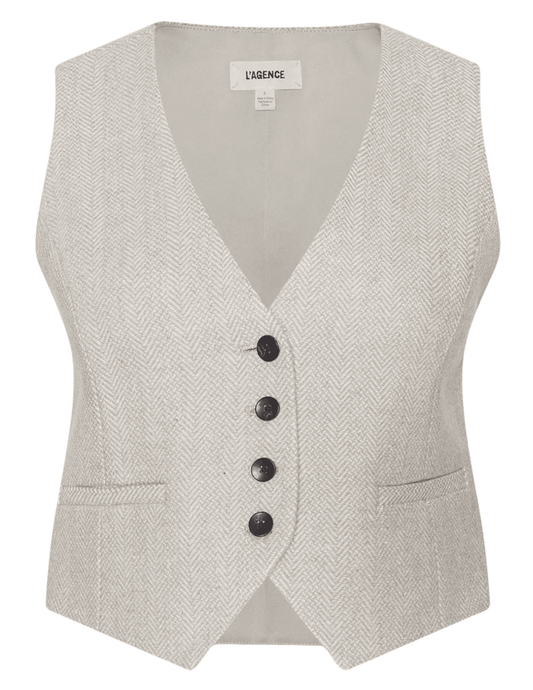 L'AGENCE Jianna Herringbone Cropped Vest Cappuccino Ivory Tweed