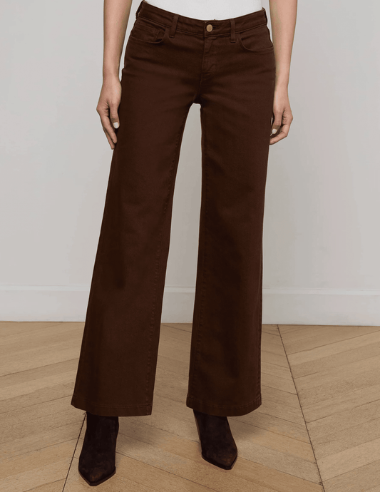 L’AGENCE Joanne low rise wide leg jeans in brown denim front view
