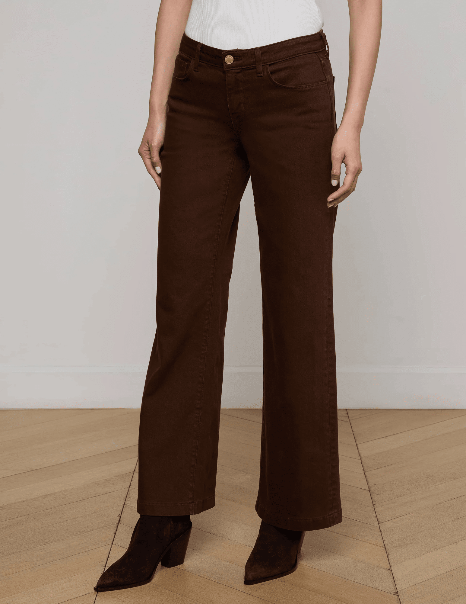 L’AGENCE Joanne low rise wide leg jeans in brown denim side view
