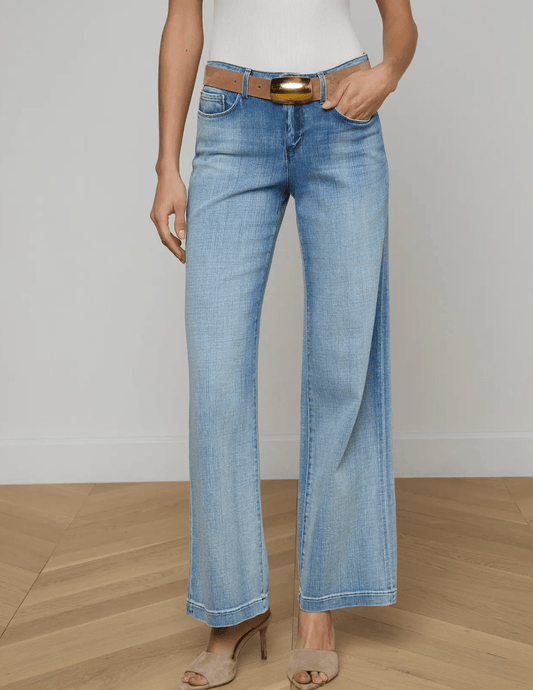 Front of L'AGENCE Joanne low rise wide leg jeans in light wash Dry Ice denim