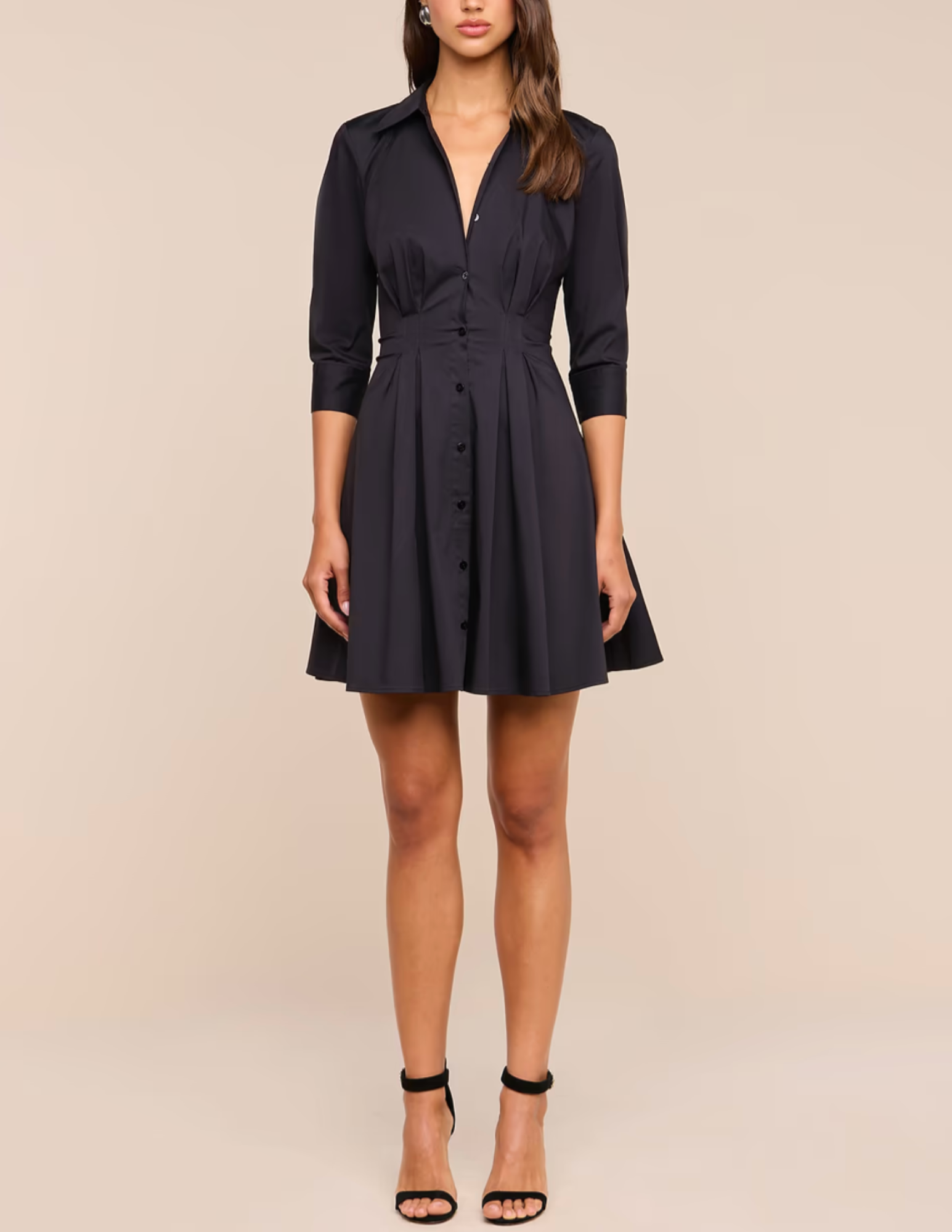 Front view of L'AGENCE Journi Pintuck Shirt Dress Black