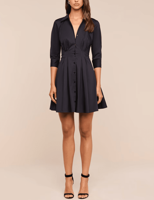 Front view of L'AGENCE Journi Pintuck Shirt Dress Black