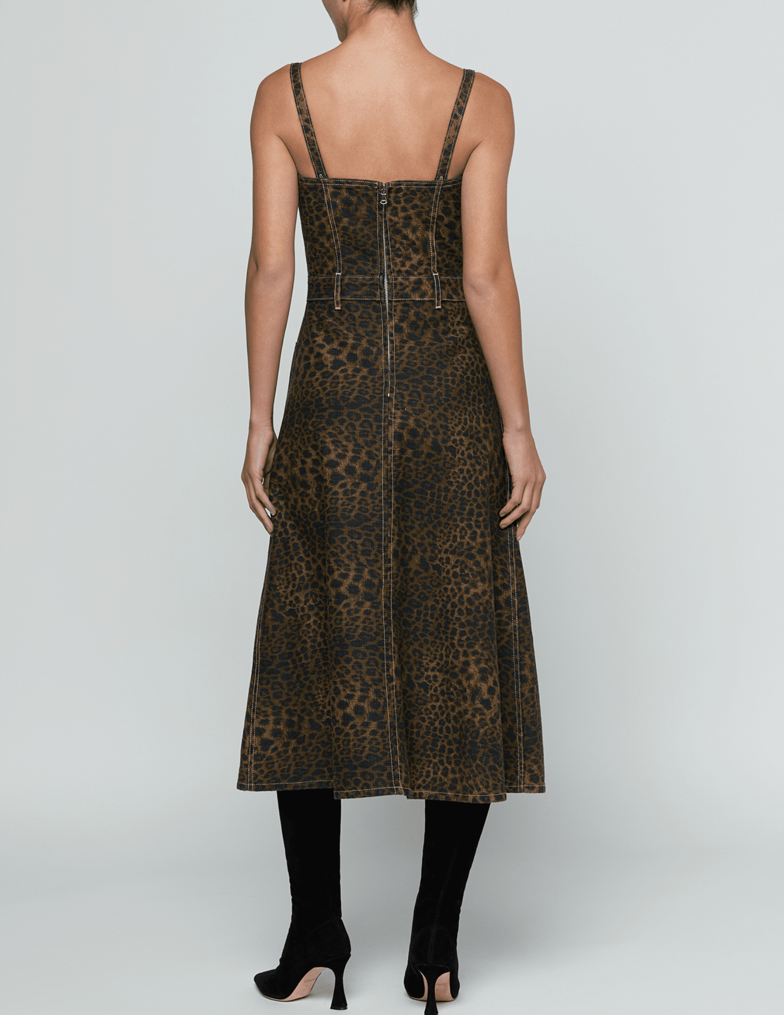 BAck view of L’AGENCE Jovie Denim Midi Dress in Zephyr