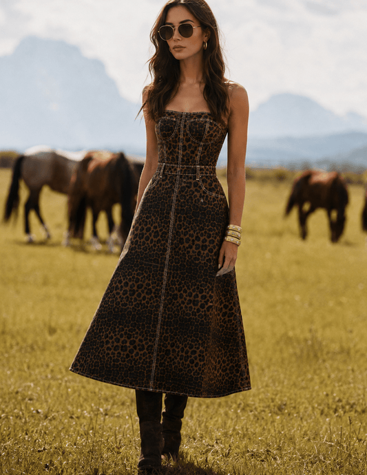 Editorial image of L’AGENCE Jovie Denim Midi Dress in Zephyr