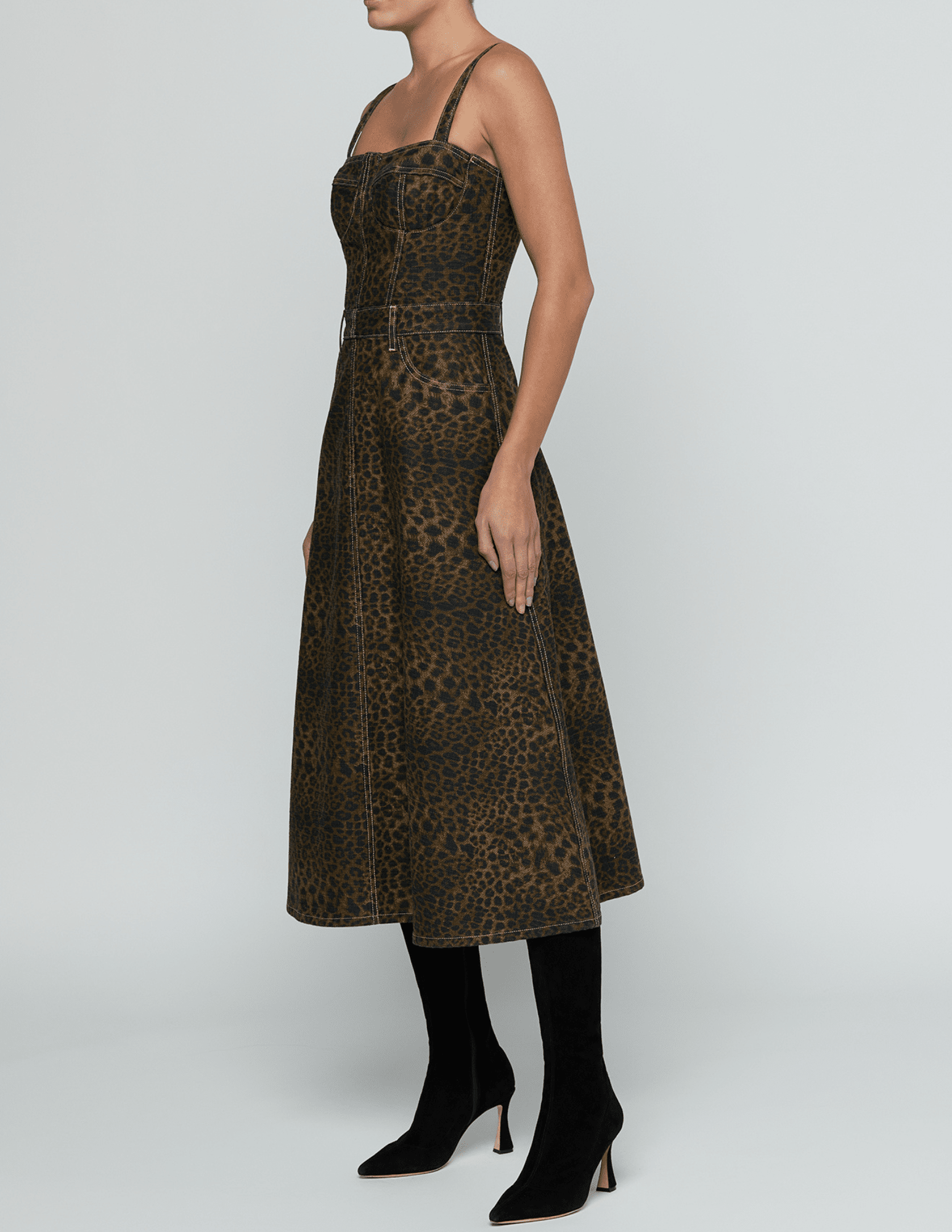 Side view of L’AGENCE Jovie Denim Midi Dress in Zephyr