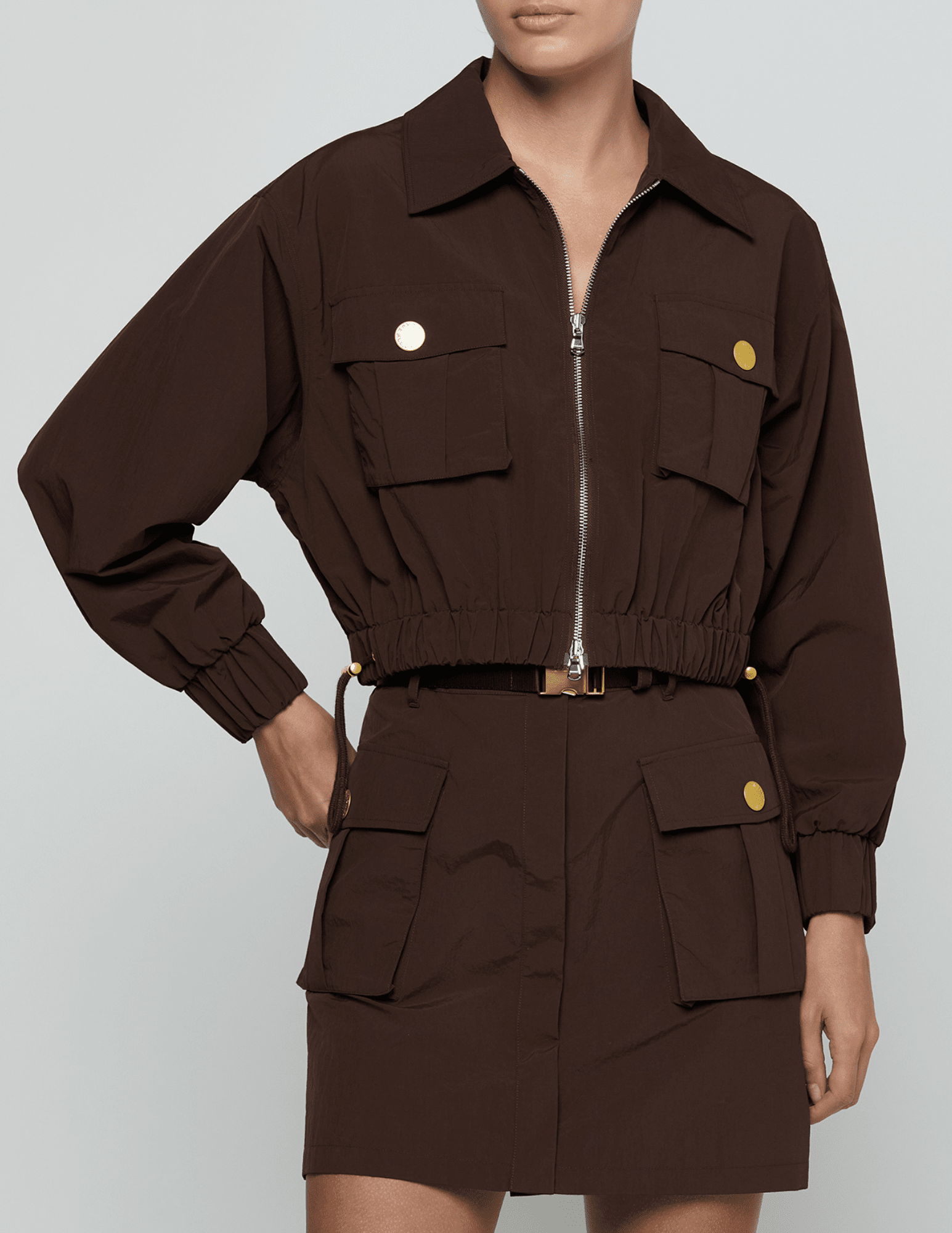 Front view of L'AGENCE Kade Cropped Windbreaker Jacket Dark Java