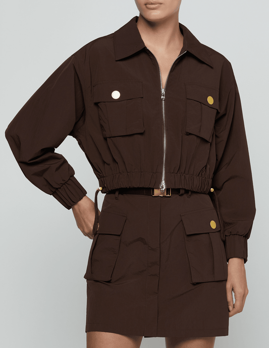 Front view of L'AGENCE Kade Cropped Windbreaker Jacket Dark Java