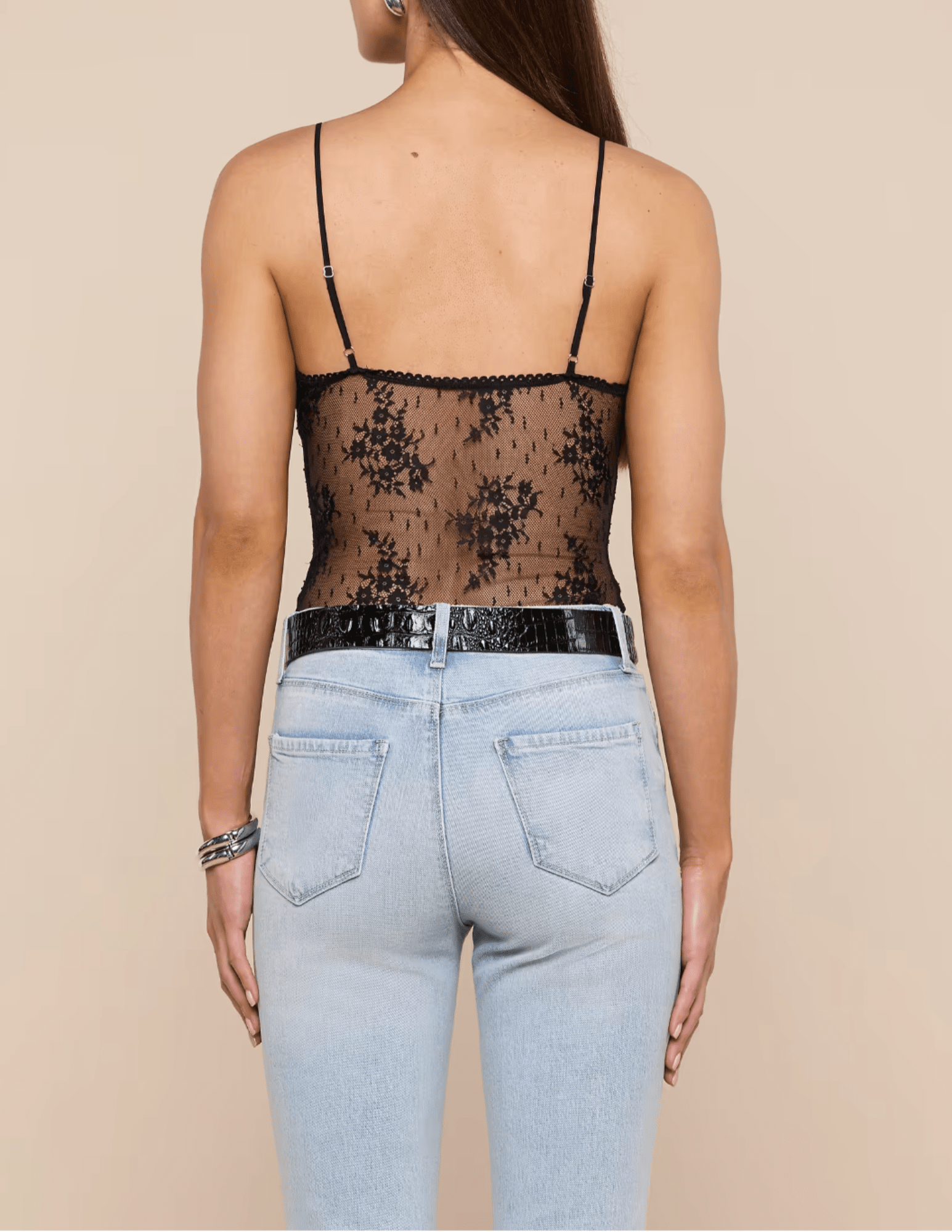 LAGENCE Kaelith sheer lace bodysuit in black back view