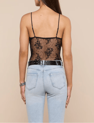 LAGENCE Kaelith sheer lace bodysuit in black back view