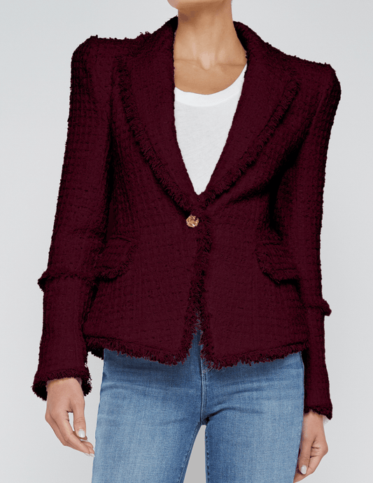 L’AGENCE Kaisley Tweed Blazer in Dark Port with frayed trims and novelty buttons