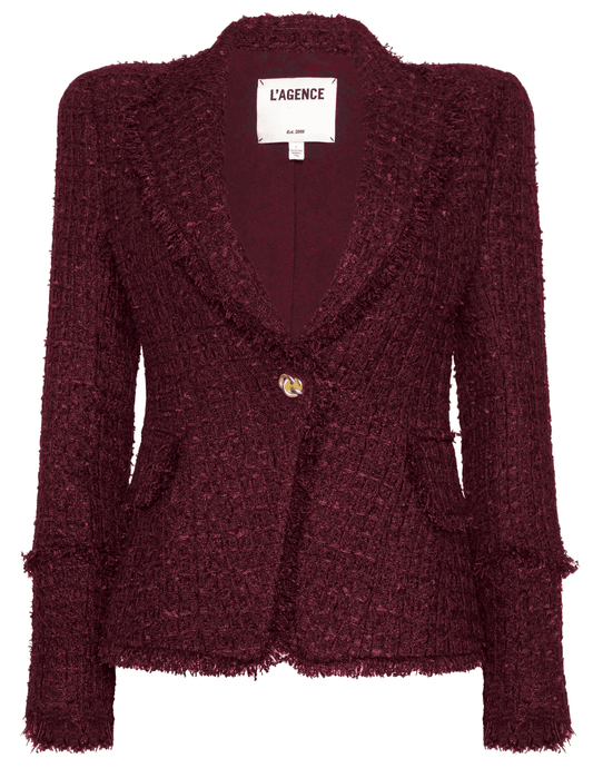 L’AGENCE Kaisley Tweed Blazer in Dark Port with frayed trims and novelty buttons