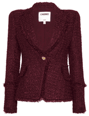 L’AGENCE Kaisley Tweed Blazer in Dark Port with frayed trims and novelty buttons