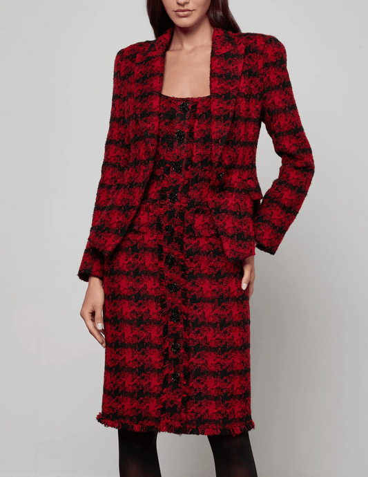 Front view of L’AGENCE Kaisley Tweed Blazer in bold red and black tweed.