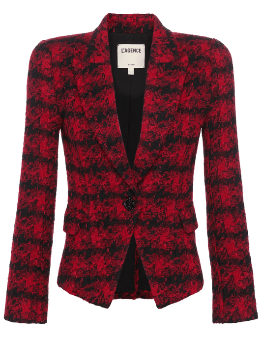 L’AGENCE Kaisley Tweed Blazer in bold red and black tweed.